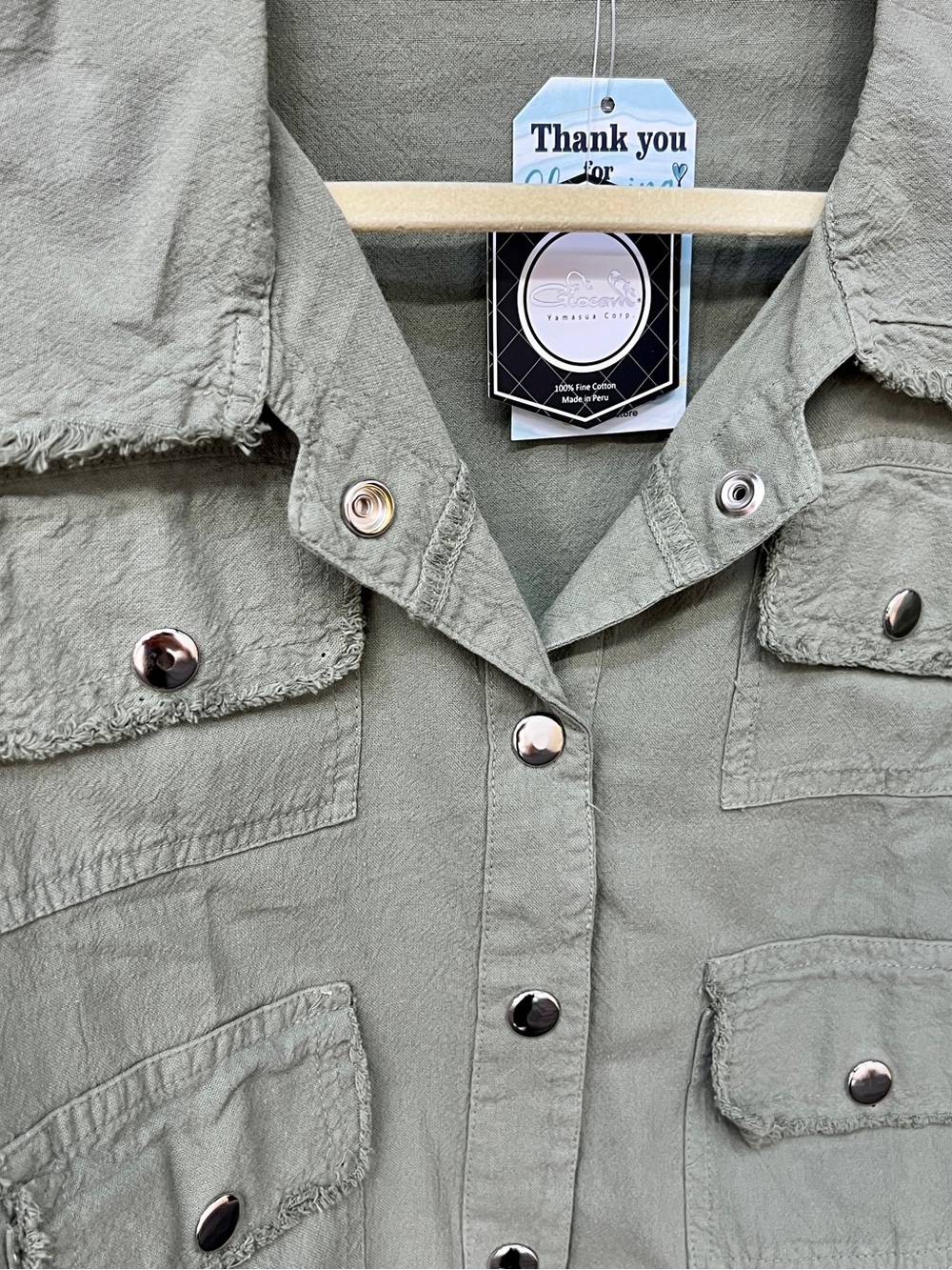 Lightweight Olive Green Utility Jacket with Snap Pockets - Picture 3 of 4